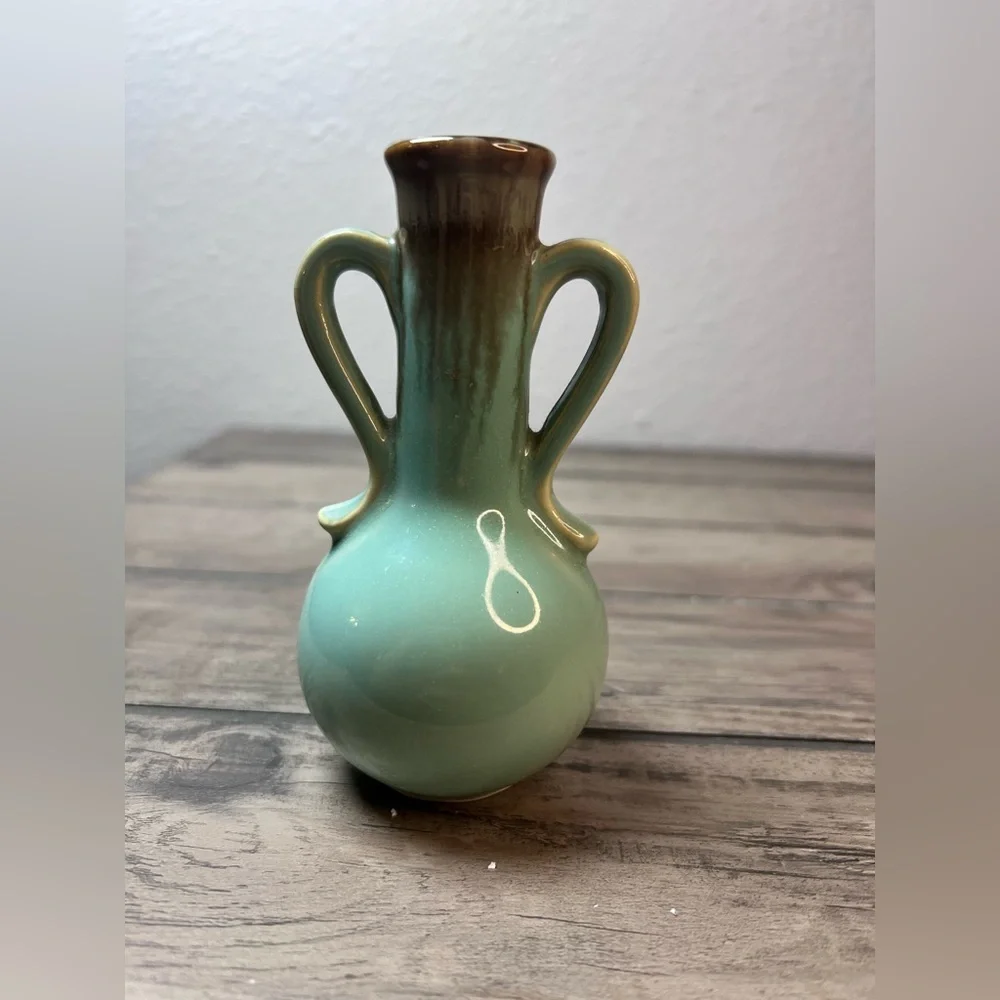 Title: Vintage Green & Brown Drip Glaze Ceramic Vase Double Handle 4.5
